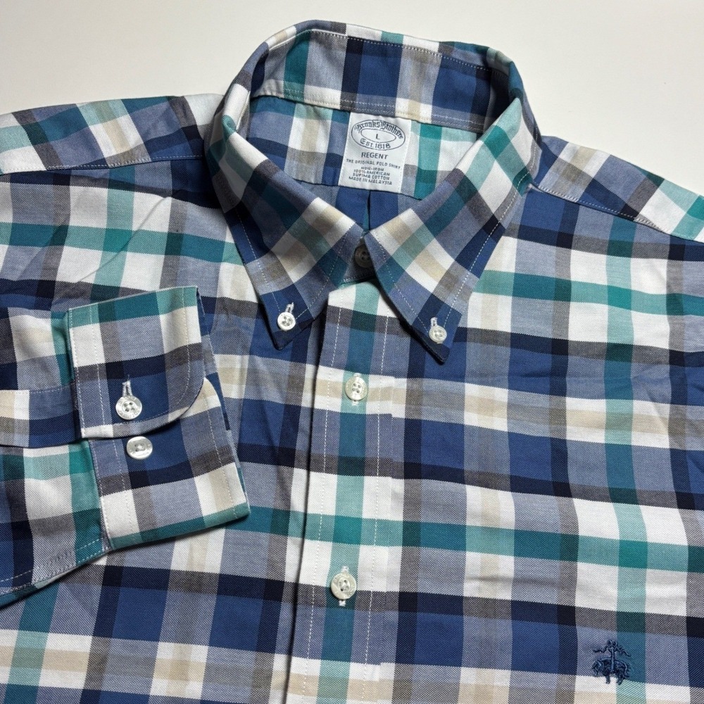Brooks Brothers Regent Fit Men L Non-Iron Plaid Blue Teal Long Sleeve Logo Shirt